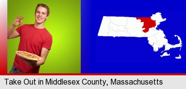 a happy teenager holding a take-out pizza; Middlesex County highlighted in red on a map