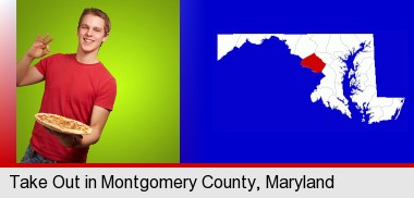 a happy teenager holding a take-out pizza; Montgomery County highlighted in red on a map