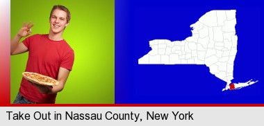 a happy teenager holding a take-out pizza; Nassau County highlighted in red on a map