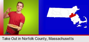 a happy teenager holding a take-out pizza; Norfolk County highlighted in red on a map