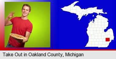 a happy teenager holding a take-out pizza; Oakland County highlighted in red on a map