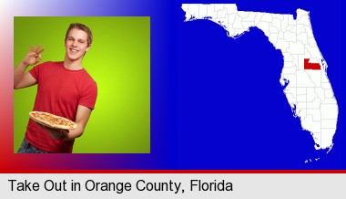 a happy teenager holding a take-out pizza; Orange County highlighted in red on a map