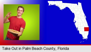 a happy teenager holding a take-out pizza; Palm Beach County highlighted in red on a map