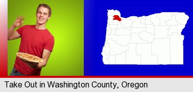 a happy teenager holding a take-out pizza; Washington County highlighted in red on a map