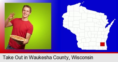 a happy teenager holding a take-out pizza; Waukesha County highlighted in red on a map